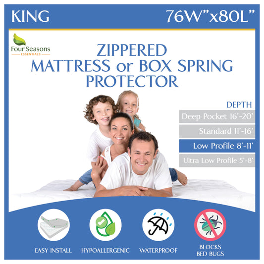 King Zippered Mattress Protector (8"-11" Depth) Waterproof Encasement Premium Quality Hypoallergenic Bed Cover Protects from Dust White