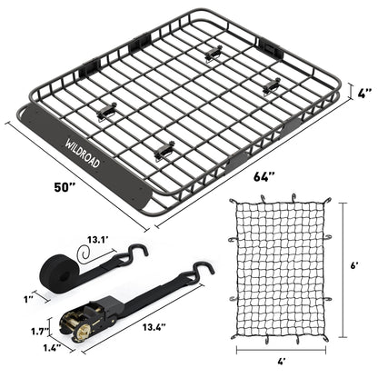 Wildroad Roof Rack Cargo Basket, Upgraded 4” Fence Wide Car Roof Basket, 64"x 50"x 4" Universal Car Top Carrier Basket with Super Duty Bungee Cargo Net and Ratchet Straps Fits for SUV Truck Cars