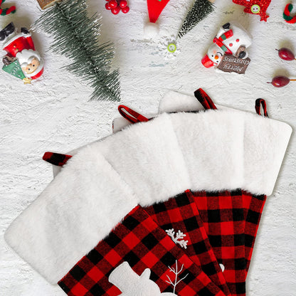 Dremisland 4 Pack Christmas Stockings 18 Inch Large Red Black Buffalo Plaid Christmas Stockings with Plush Faux Fur Cuff,Fireplace Hanging Stockings for Xmas Holiday Party Decor (Red&White)