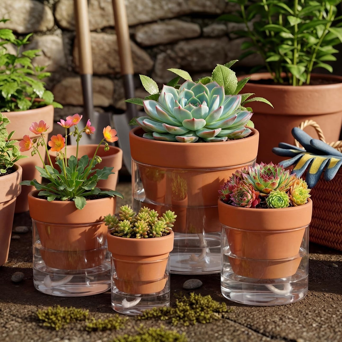 4 Pcs Terracotta Self Watering Pot for Indoor Plants 3in 4in 6in 8in Terracotta Planter with Cylinder Glass Cup and Self-water Pipe for Indoor Plants Herbs Flowers Ivy Outdoor Balconies Kitchen Office