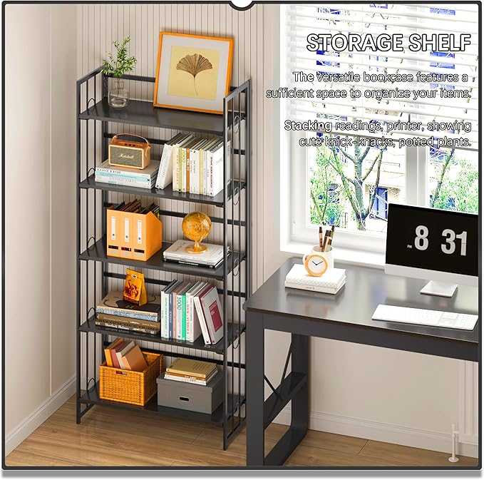 4NM No Assembly 5 Tiers Folding Bookshelf, 59.4" H Foldable Storage Shelves