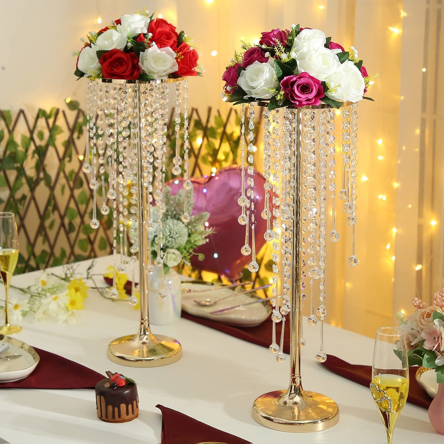 21.7in Tall Gold Vases for Table Centerpieces - 2pcs of Metal Flower Stands with Sparkling Crystal Beads, Elegant Flower Vases for Anniversary Birthday Party Christmas Event Wedding Home Decor