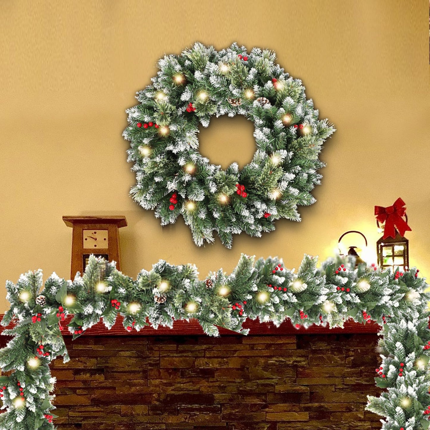 HipTree 9ft Christmas Garland with Lights,Lighted Artificial Flowering Pine Garland for Mantle,Prelit Faux Green Christmas Winter Garland with Pine Cones and Red Berry for Indoor Outdoor Decor