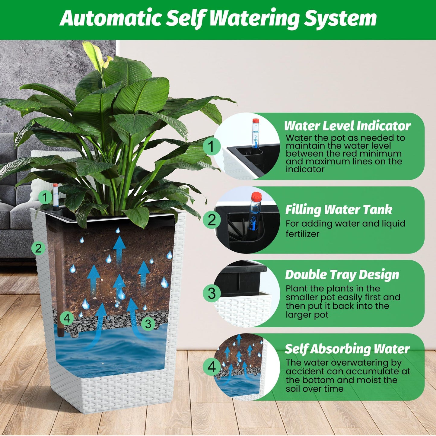 Takywep Set of 4 Tall Rattan Planters – 16" Self Watering Plant Pots with Water Level Indicator, Indoor Outdoor Planters for Patio & Porch-White