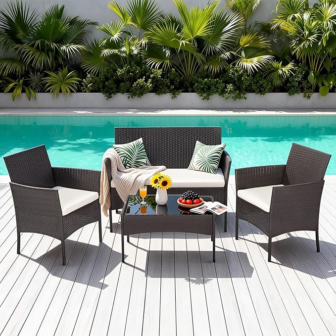 FDW | 4-Piece Patio Furniture Set | Brown | Outdoor Wicker Furniture
