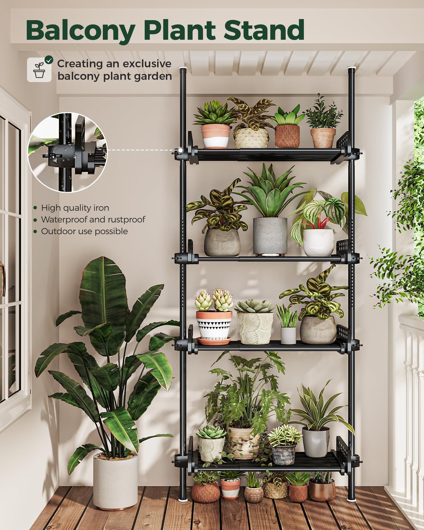 Bamworld Tension Rod Plant Stand Adjustable Hanging Plant Shelf Indoor Tall Plant Pole Stand Floor to Ceiling Pole for Living Room Bedroom Flower Holder For Multiple Plant Pots Display Black New Version