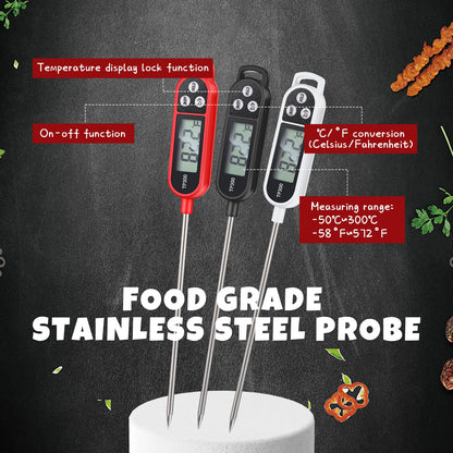 6 Pcs Instant Read Meat Thermometer with Long Probe 9.65 Inch Kitchen Cooking Food Candy Waterproof Digital Thermometer for BBQ Water Milk Yogurt Liquid (Round&Square Ring,Black,White,Red)