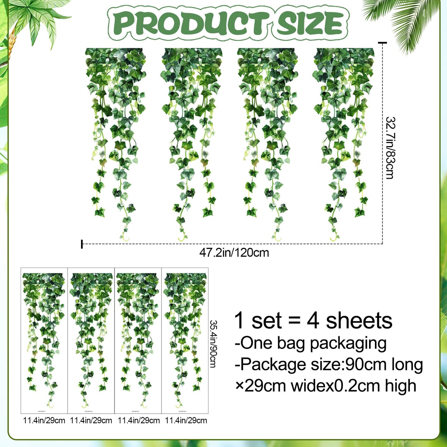 DTLIFEK Green Plants Leaves Wall Decals Hanging Vine Wall Stickers Fresh Green Leaf Wall Art Removable Nature Botanical Vine Branches Leaves Murals for Kids Bedroom TV Background Home Decor 91