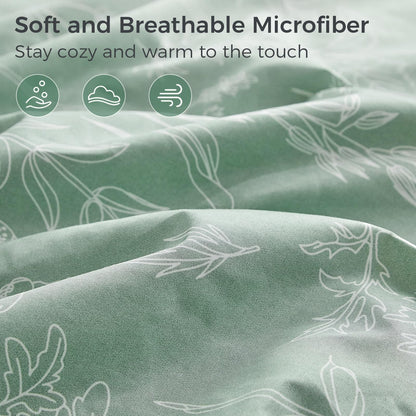 Tokokimo Floral Sheets Set King Size, 16 inches Deep Pocket Fitted Sheet, Flat Sheet & Envelope Closure Pillowcases, Soft Breathable Microfiber Sheet Set 4-Piece, Green and White Leaf Floral
