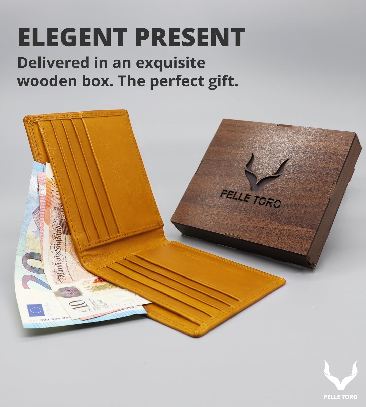 PELLE TORO Minimalist Slim Mens Wallet, Handmade Real Leather Card Wallet with RFID Blocking, 10 Card Holder Slots & Note Section, Tan