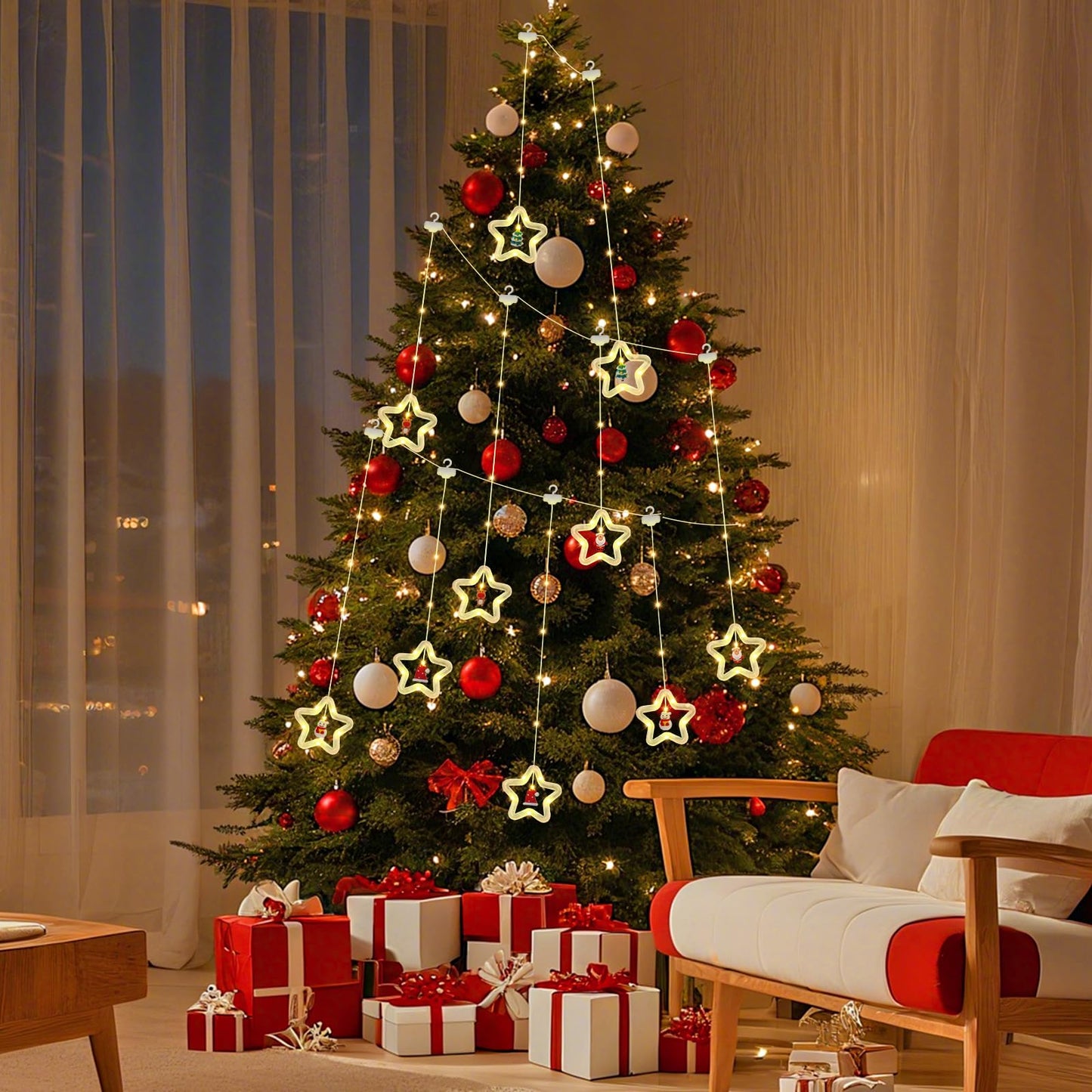 BomKra Christmas Star Curtain Lights, Christmas Window Lights Decor with Remote,8 Lighting Modes, IP65 Waterproof, 10 Hooks Christmas Decorations Indoor Outdoor for Bedroom Party Wall Door Window
