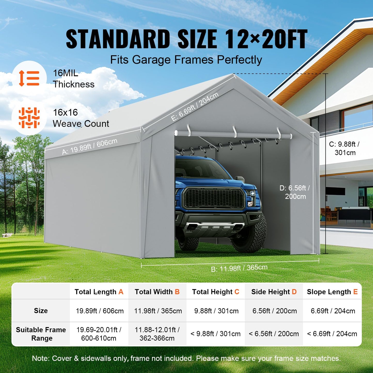 VEVOR Carport Replacement Canopy Cover Top + Side Wall 12 x 20 ft, Garage Tent Shelter Tarp Heavy-Duty Waterproof & UV Protected, Easy Installation with Ball Bungees,Grey (Frame Not Included)