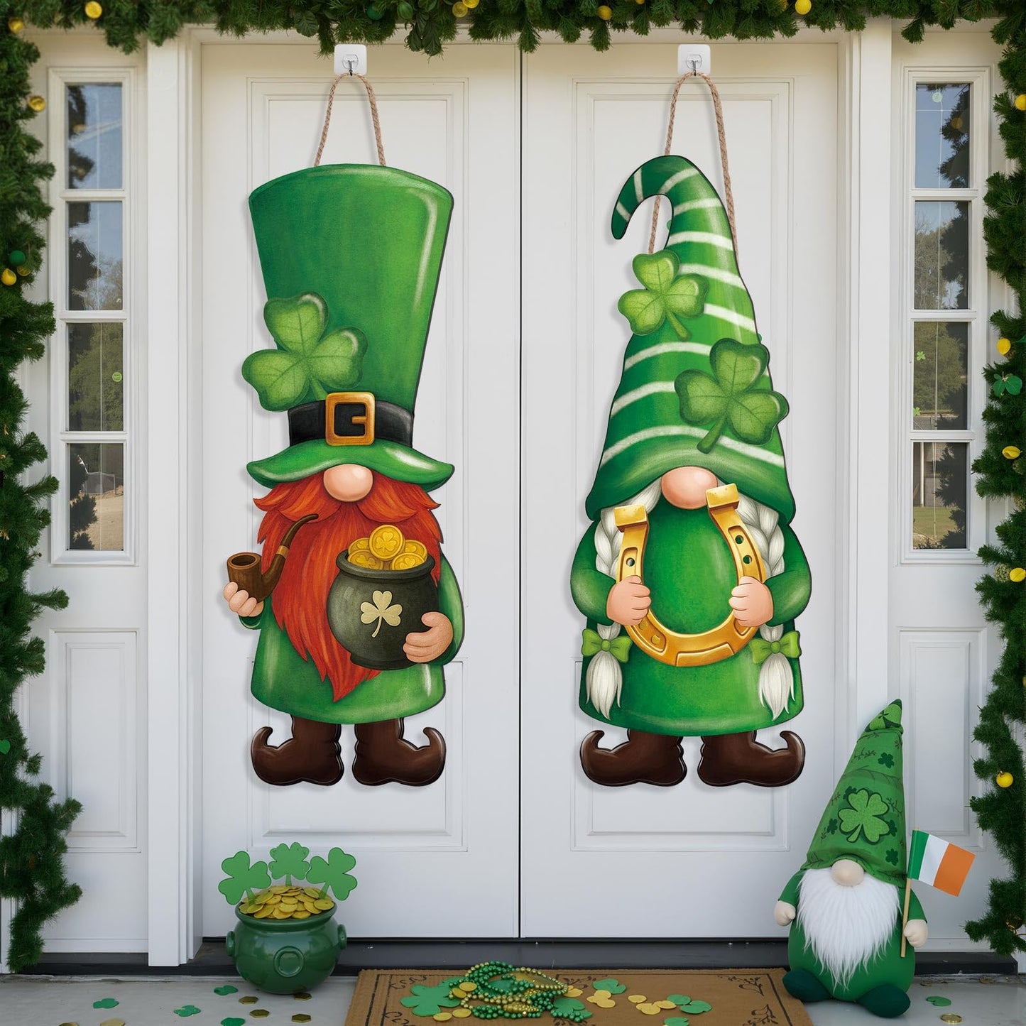 Thyle 2 Pcs Wooden St. Patrick's Day Gnomes Sign 32.3 x 12.2 Inch Irish Hanging Gnomes Front Door Decor Shamrock Lucky Green Hanger for Outdoor Indoor Front Porch Home Wall Supplies