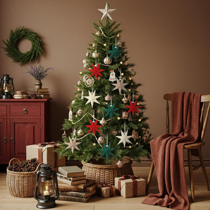 VIHOSE 12 Pcs Velvet Christmas Paper Star Ornaments 4 Inch Neutral Flocked Christmas Hanging Paper Ornament 7 Pointed Xmas Decorations for Xmas Tree Party Indoor Home Door Window
