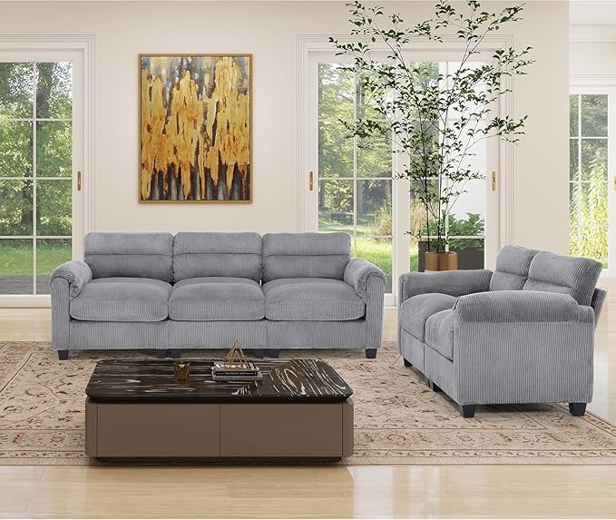 HAOMARKETS 2 Piece Cordory Sofa Sets, Comfy Loveset 2-Seater Sofa and
