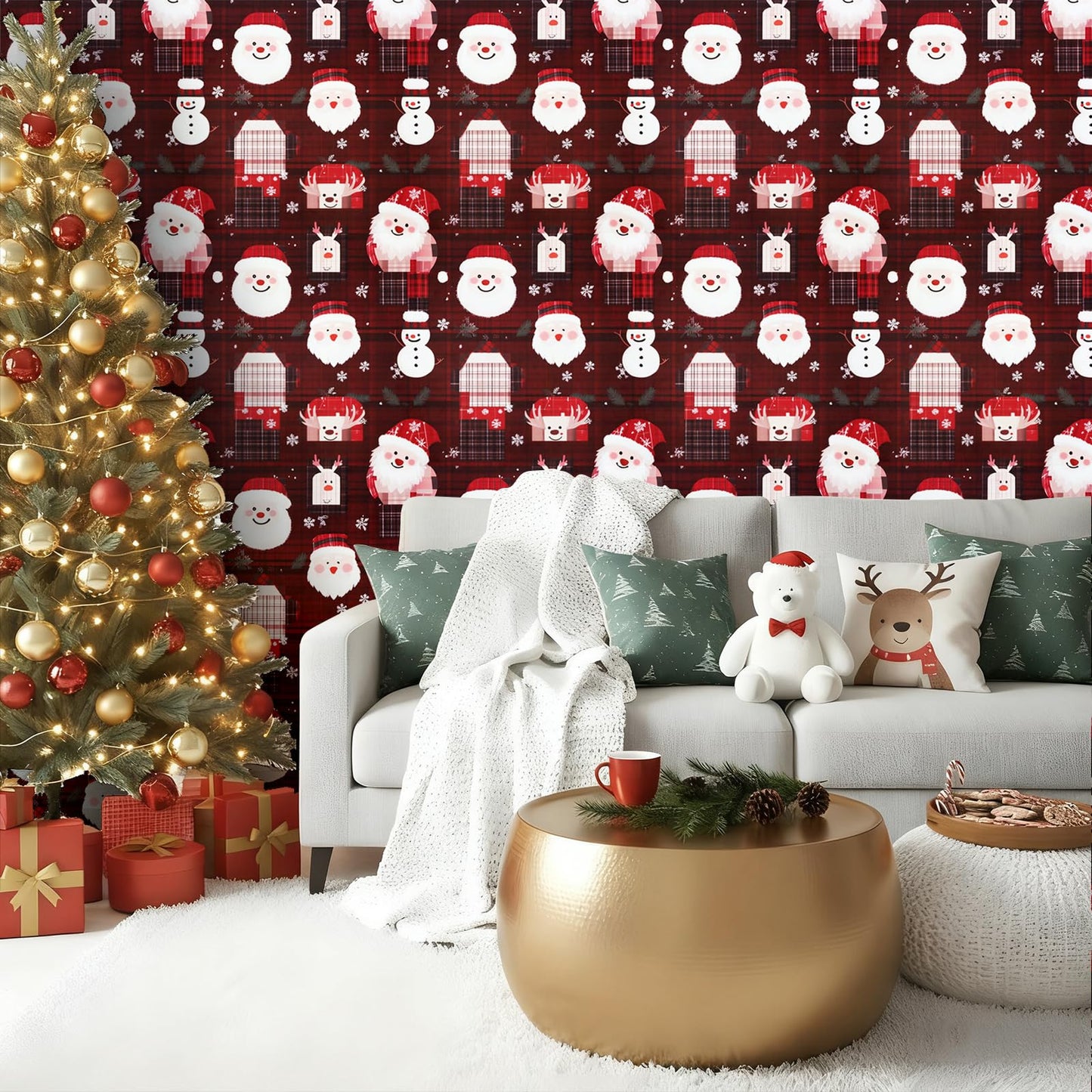 Timeet Christmas Peel and Stick Wallpaper Santa Claus & Snowman Contact Paper Red Plaid Holiday Wall Paper Decor Removable Self-Adhesive Wallpaper Vinyl Christmas Decoration 17" x 196.8"
