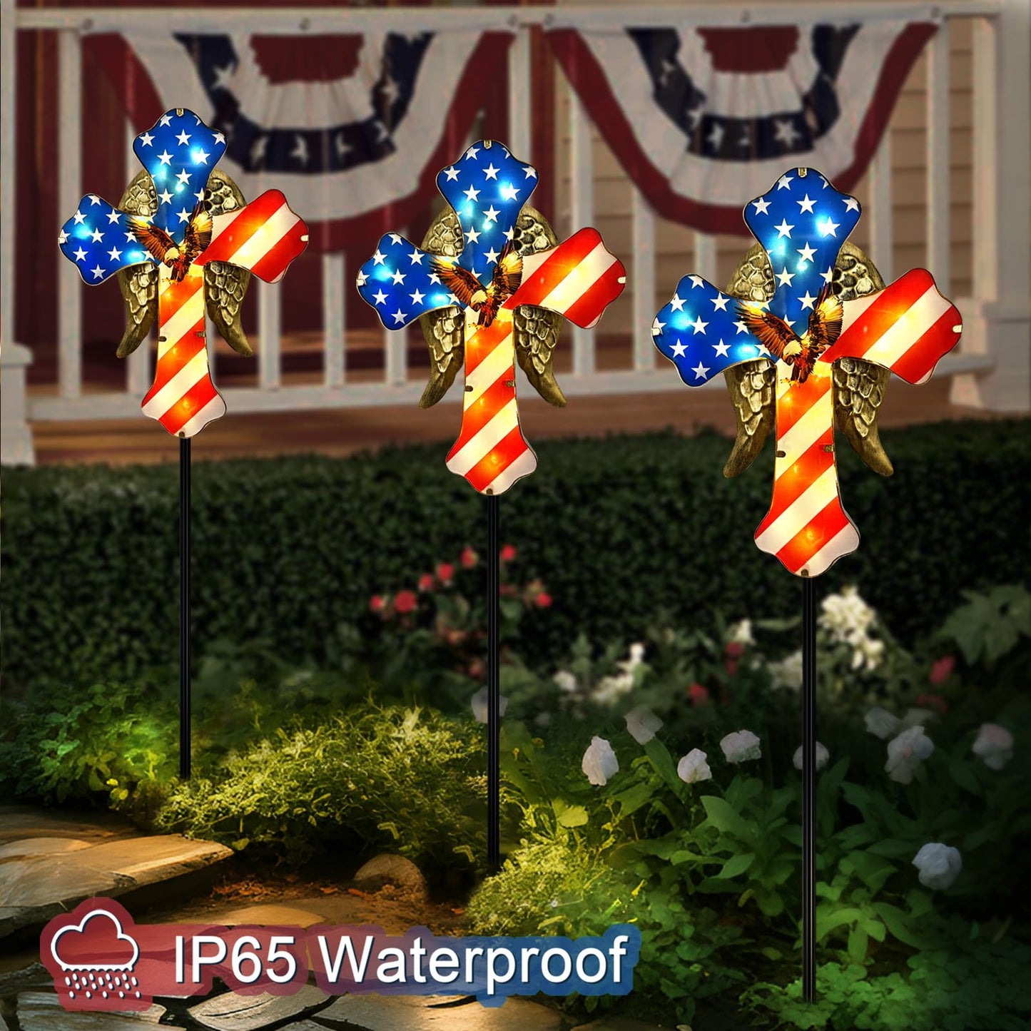Hokfirm 4th of July Decorations Outdoor,Solar Cross for Cemetery Grave,Cemetery Decorations Yard Patio Decor,Patriotic Eagle Cross Solar Lights Outdoor Pathway,Lawn,National Day Remembrance Gifts