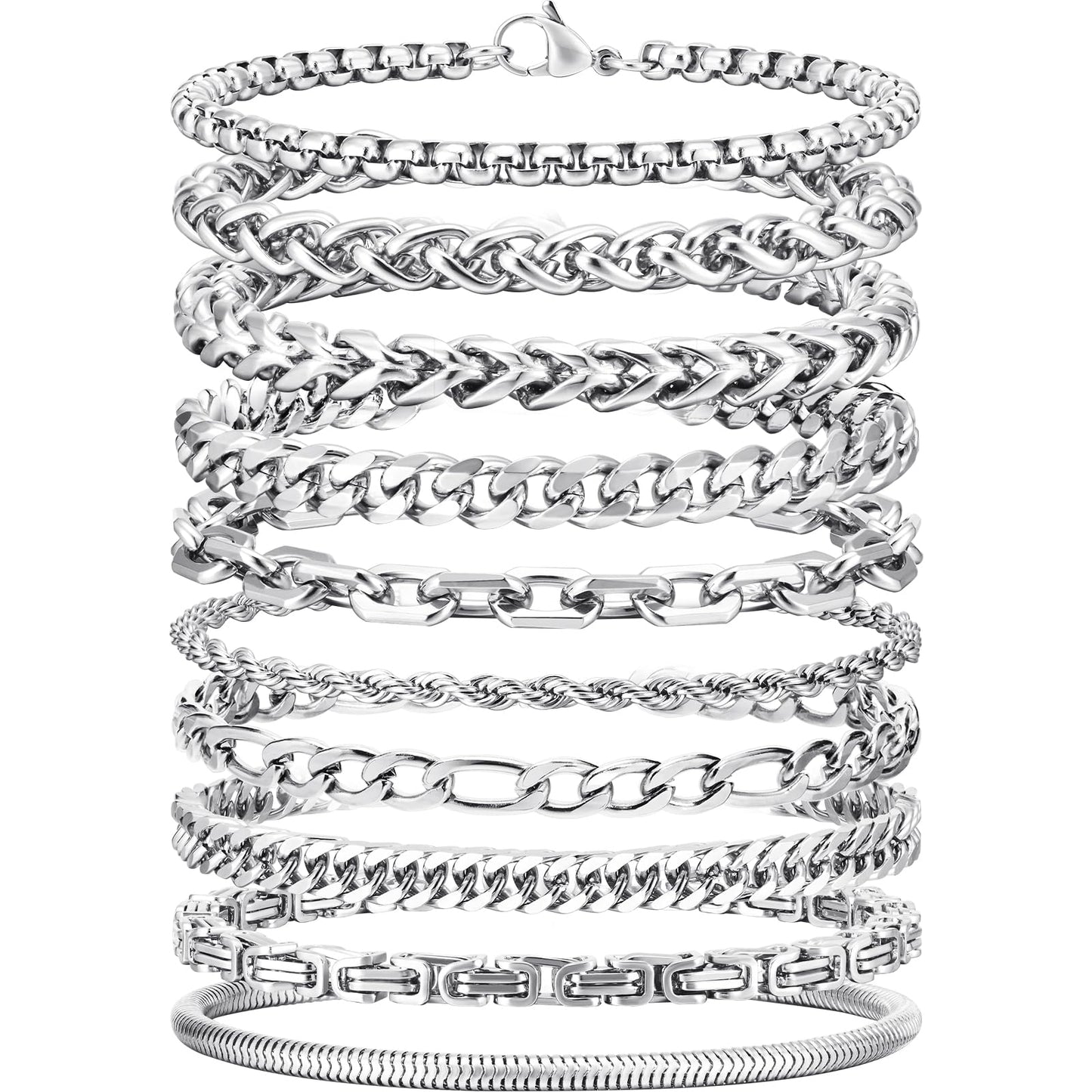 VNOX Silver Chain Bracelet for Men - 10 Pcs Solid Stainless Steel Rope/Figaro/Paperclip/Cuban Link/Snake Curb Chunky Chain Bracelet Set Wrist Band for Men Women,Mens Jewelry Set