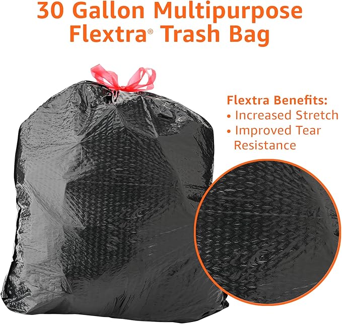 Amazon Basics 30 Gallon Flextra Strength Multipurpose Drawstring Trash Bags