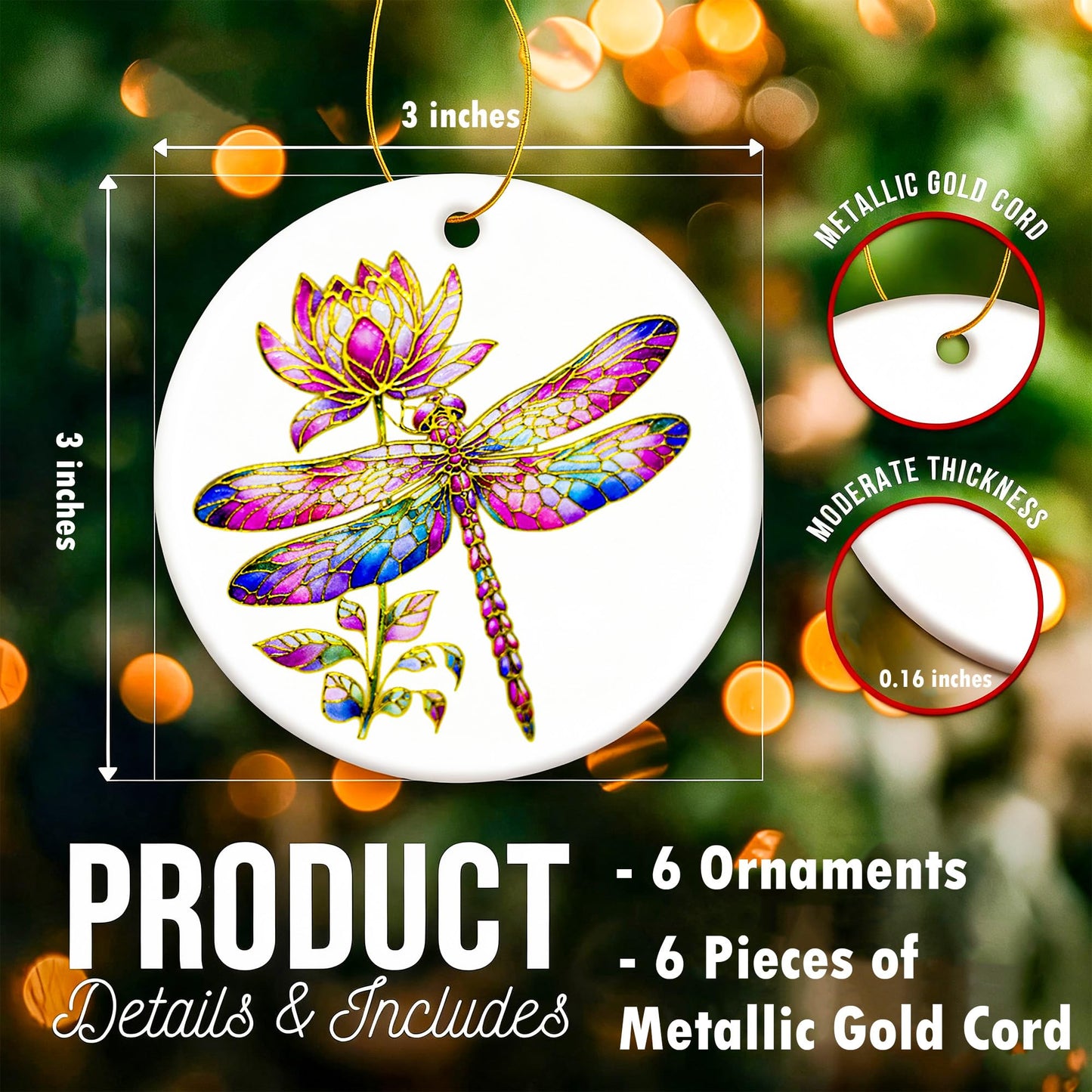 YOXUTEP 6-Pack Ceramic Dragonfly Ornaments, Christmas Tree Decor for Home, Exchange, Xmas Presents & Festive Decoration