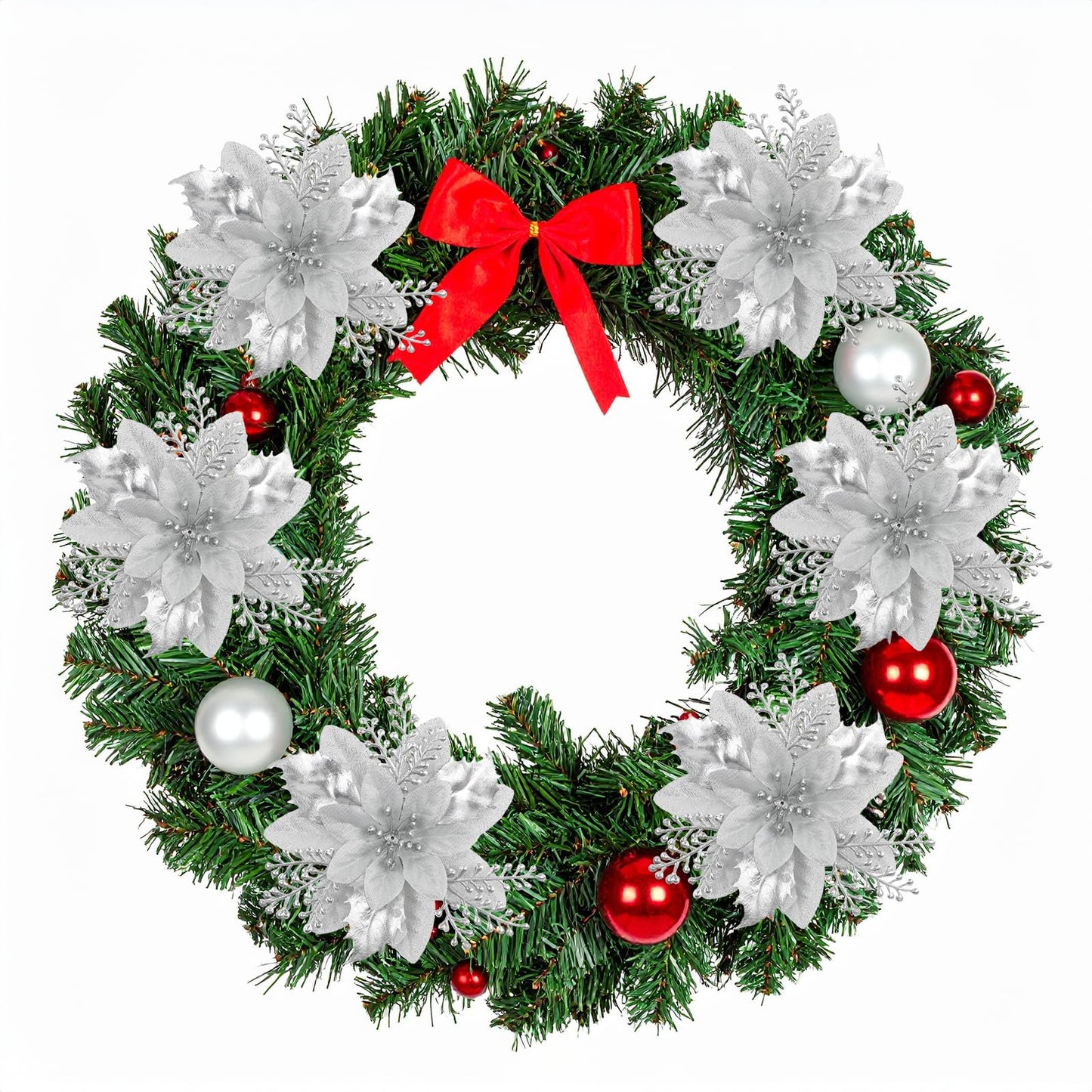 Christmas Tree Decorations 6“ Glitter Poinsettia Flowers - 24 Pcs Christmas Artificial Flowers for Tree Ornaments with Clips, Festive Decorations for Wreath, Mantel & Home Christmas Decor, Sliver