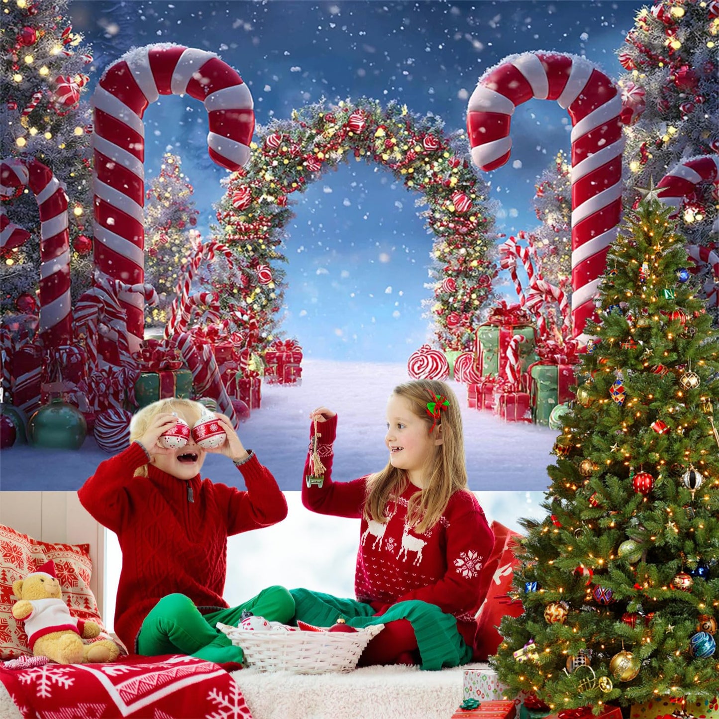 Mocsicka Christmas Candy Cane Photography Backdrop Winter Candyland Christmas Eve Party Decorations Background Christmas Tree Garland Photo Prop Supplies (10x8ft)