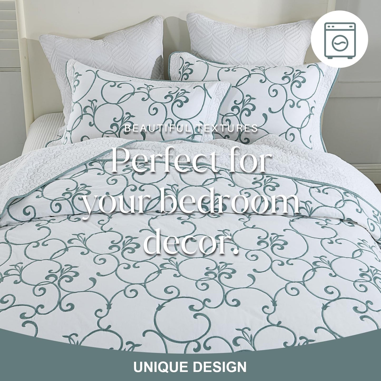 FineStichery Oversized Queen Bedspread 120"x102" - 100% Cotton Extra Large Quilt, Embroidered Bedspread Coverlet with Pillow Shams, Lightweight Quilted Bedding Set 3 Piece, Aqua Blue/White