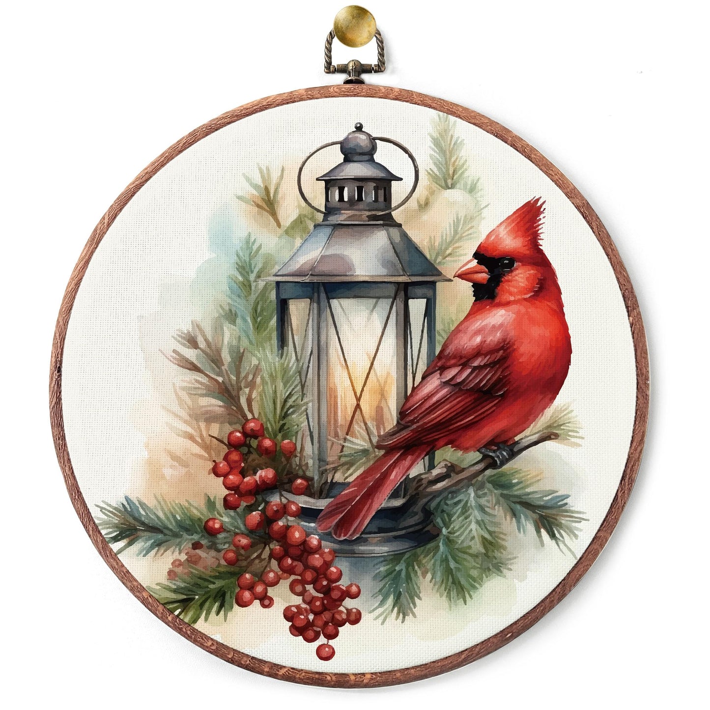 heiyihe Round Christmas Canvas Frame Wall Art Decor, 10x10 Inches Round Red Cardinal Bird Wall Artwork, Christmas Embroidery Kit Decor for Home Office, Xmas Gift Ideas for Family Friends-A02