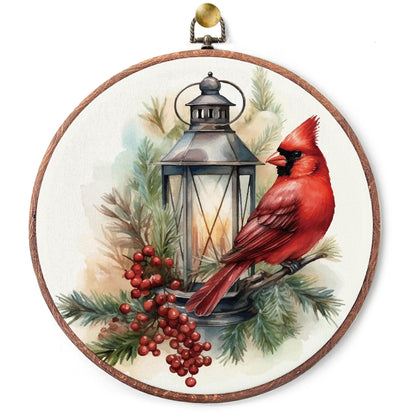 heiyihe Round Christmas Canvas Frame Wall Art Decor, 10x10 Inches Round Red Cardinal Bird Wall Artwork, Christmas Embroidery Kit Decor for Home Office, Xmas Gift Ideas for Family Friends-A02