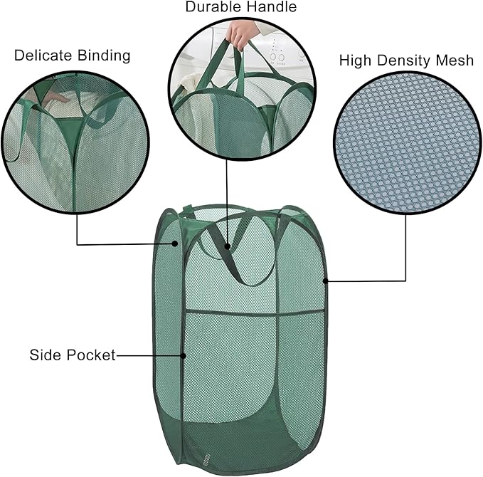 Pop Up Laundry Hamper Thick Mesh Collapsible Laundry Baskets, Large Side Pocket