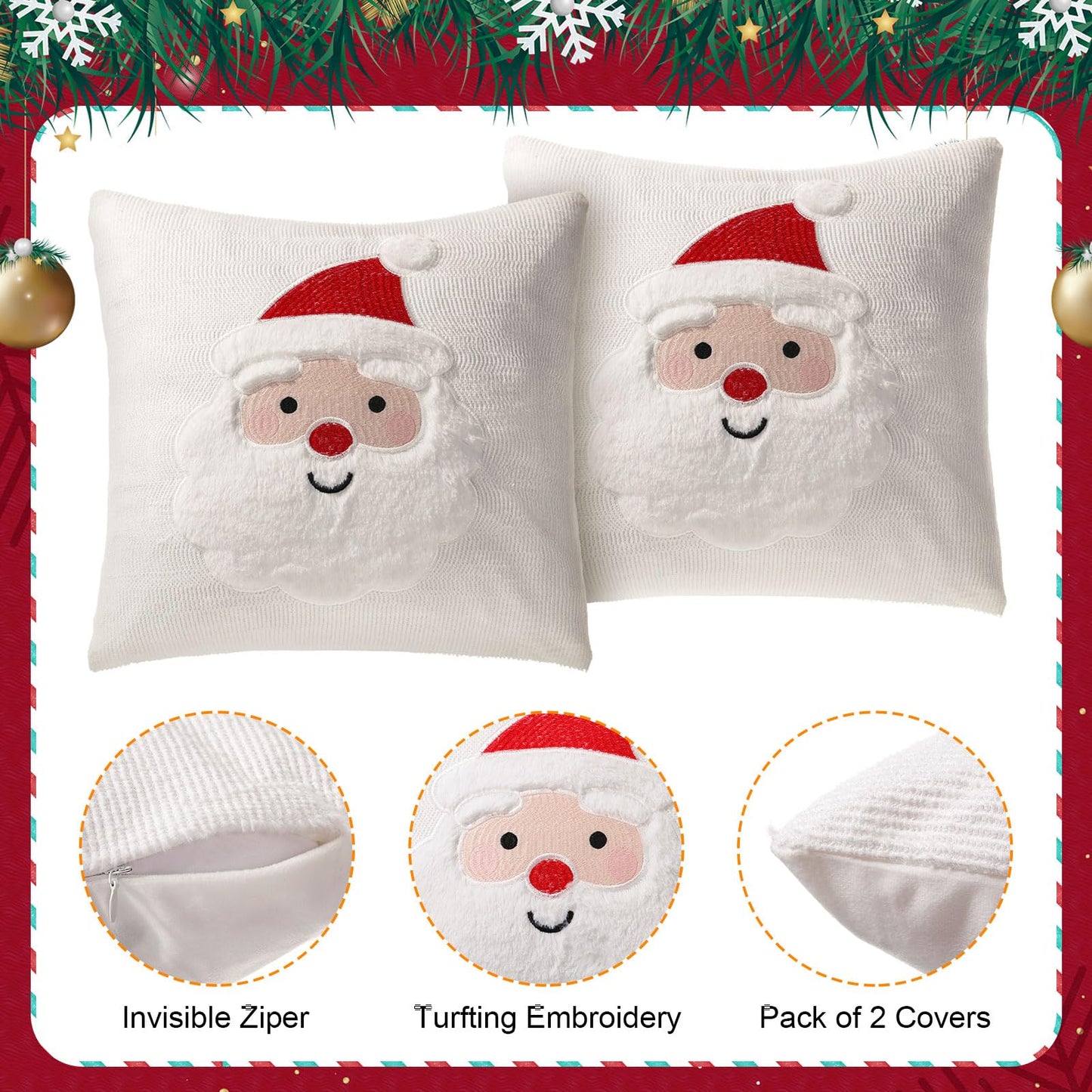 Tranqun 2 Pcs Christmas Pillow Covers, Santa Claus Square Embroidered Throw Pillow Covers for Christmas Winter Decoration for Bed and Sofa (18x18 Inch)