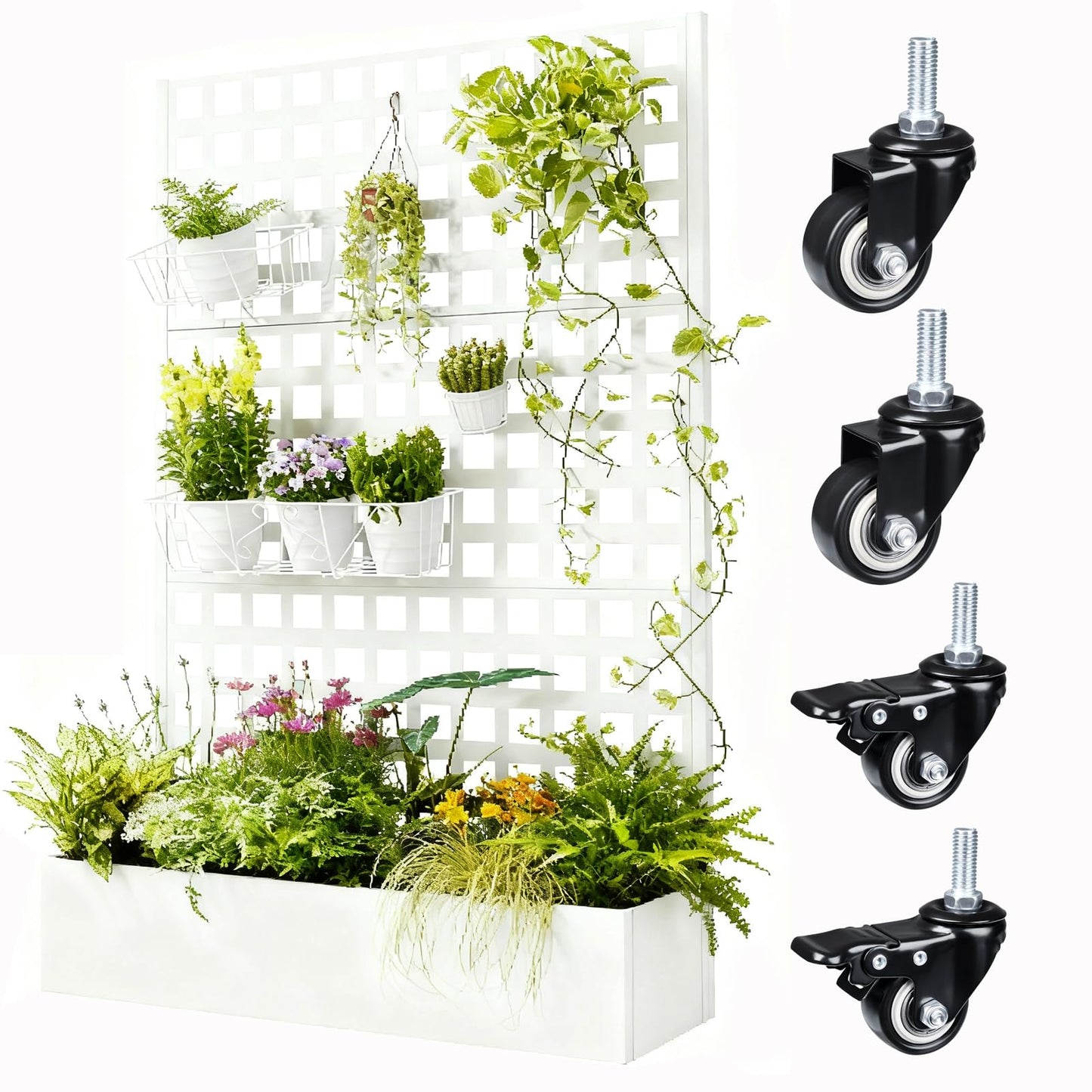 Metal Planter Box with Trellis, 71"x47"x16" Raised Garden Bed Outdoor with Privacy Screen & Lattice Trellis & Lockable Casters, Vertical Garden Box with Drainage Hole for Climbing Plants, Vegetable