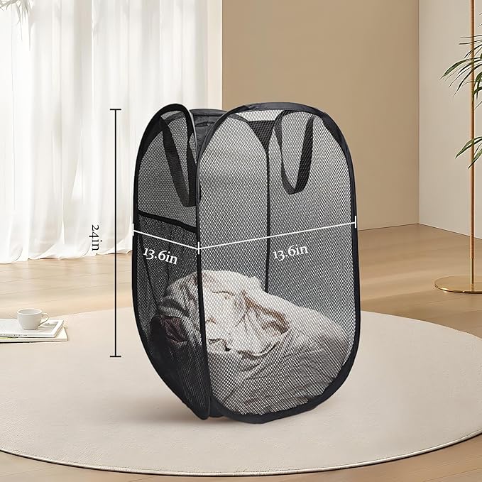 The upgraded pop-up laundry basket features a breathable side pocket mesh design