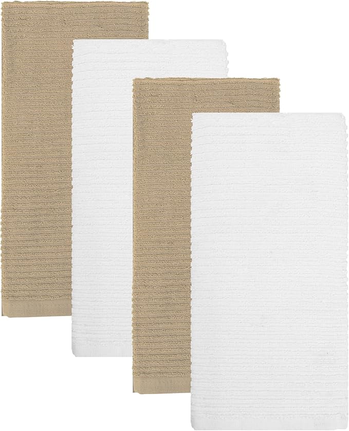 MosJos Kitchen Hand Towels Set of 4 Cotton Ribbed Taupe and White Hand Towels