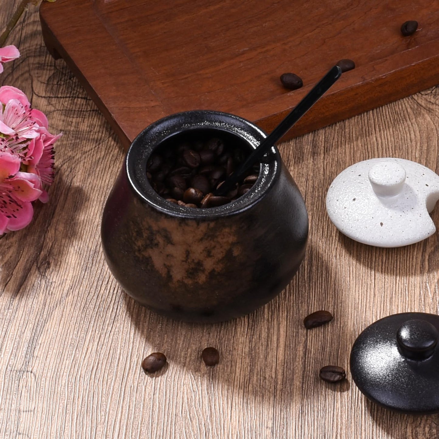 BOSILI Sugar Bowl with Lid and Spoons, 3.9" Rustic Reactive Kiln-Glaze Spice Jar, Black & Brown Porcelain Condiment Pot for Salt, Jam & Seasonings, Textured Stoneware Salt Cellar for Kitchen & Cafe