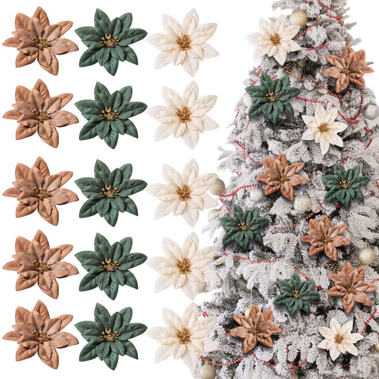 Thiccywoov 15 Pcs Christmas Poinsettia Artificial Flowers with Clips Christmas Tree Flowers Decor 5.5'' Vintage Poinsettia Xmas Tree Decoration for Xmas New Year Wedding Party (Elegant Color)