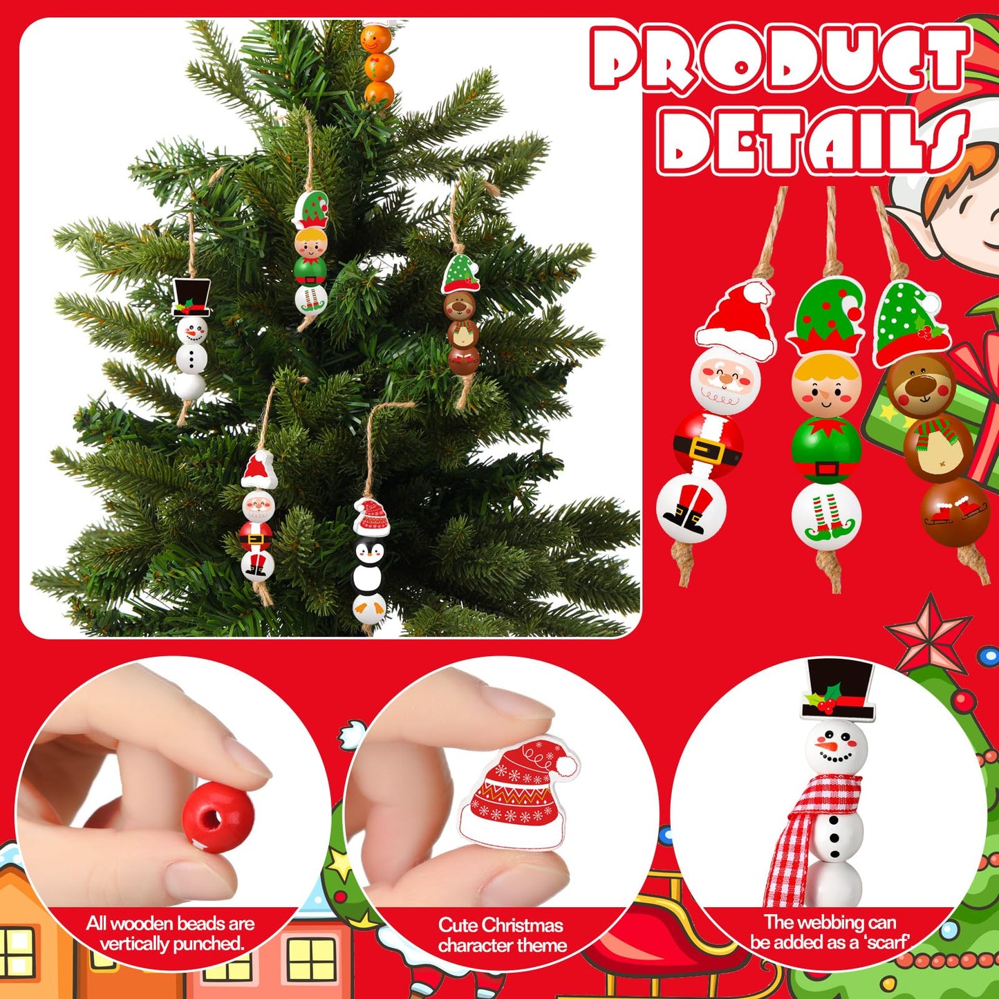 Cinnvoice 240 Pcs Summer Christmas in July Wood Beads with Twine Snowman Gingerbread Man Nutcracker Wooden Bead Garland DIY Crafts Round Beads for Xmas Party Decor (Classic Christmas)