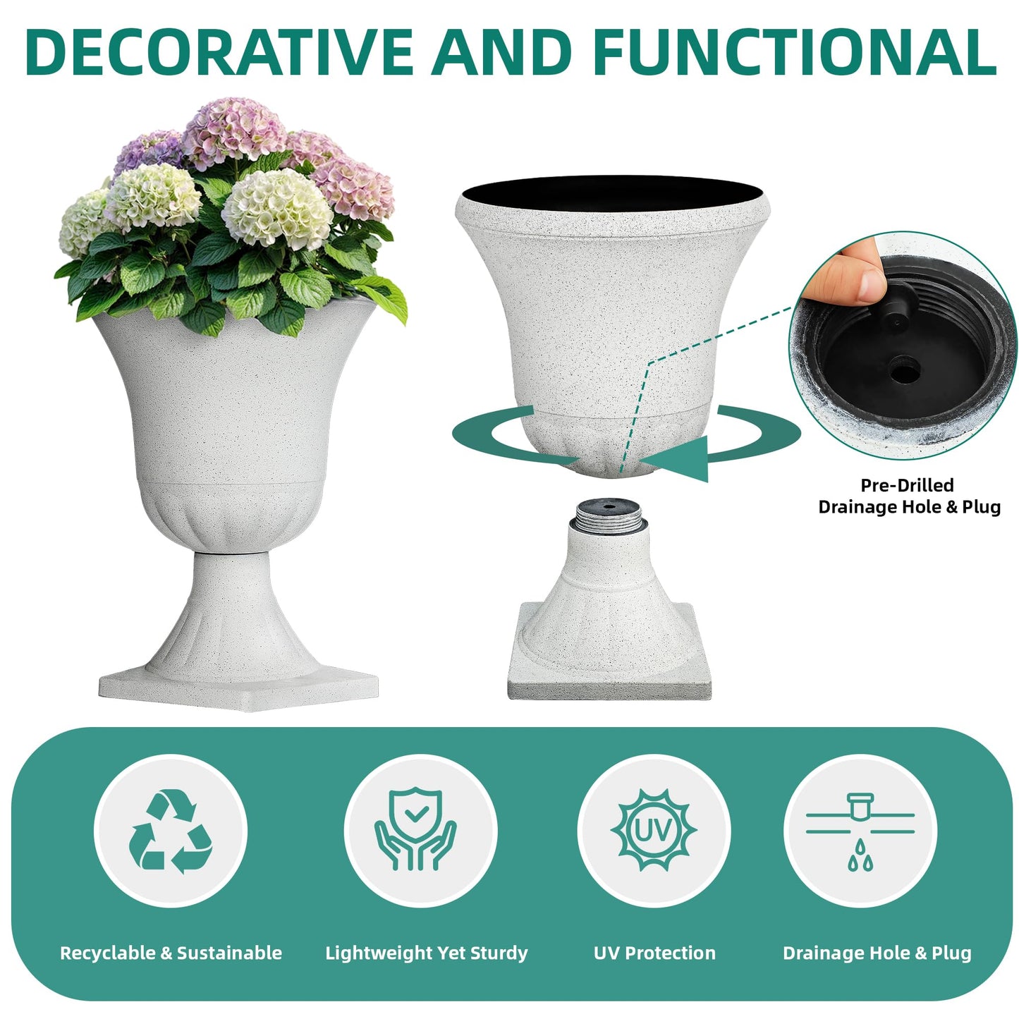 Autodaya 22" Urn Planters Outdoor Planter for Plants Set of 2 Timeless Plastic Large Flower Pot with Drainage Hole Terrazzo White Garden Pots for Porch, Patio Christmas Decor