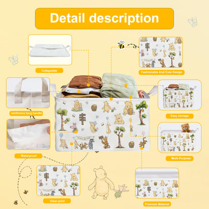 ZsaTuiy Winnie Storage Nursery Basket,Large squarecanvas Laundry Hamper WithWinnie baby Stuff A Waterproof PECoating, Foldable, Bathroom and Bedroom SetClothes ,Toys Bin, Baby Nursery HamperDecor