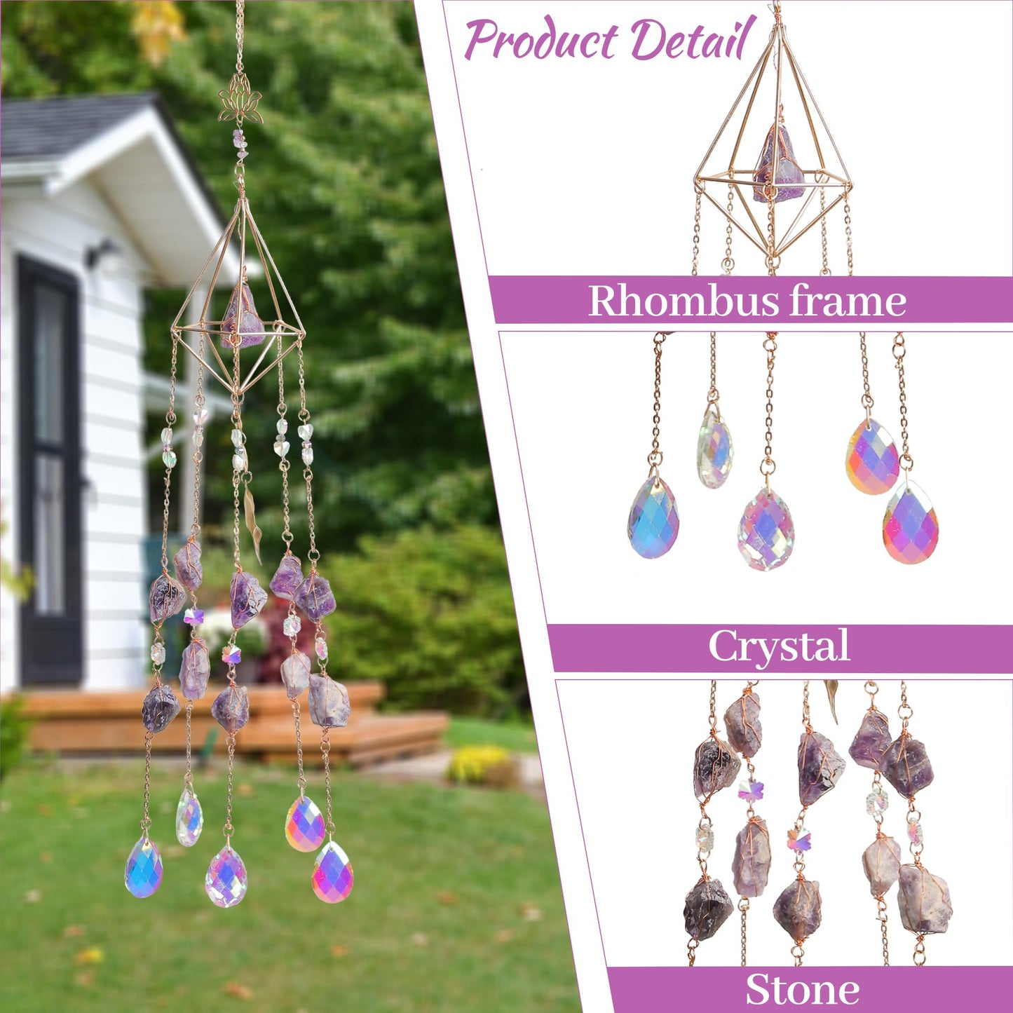 Amethyst Crystal Suncatcher - Dreamsum Hanging Gold Plated Garden Sun Catcher for Windows, Healing Amethyst Crystal Decor for Home, Gift for Christmas Birthday Valentine Mothers Day