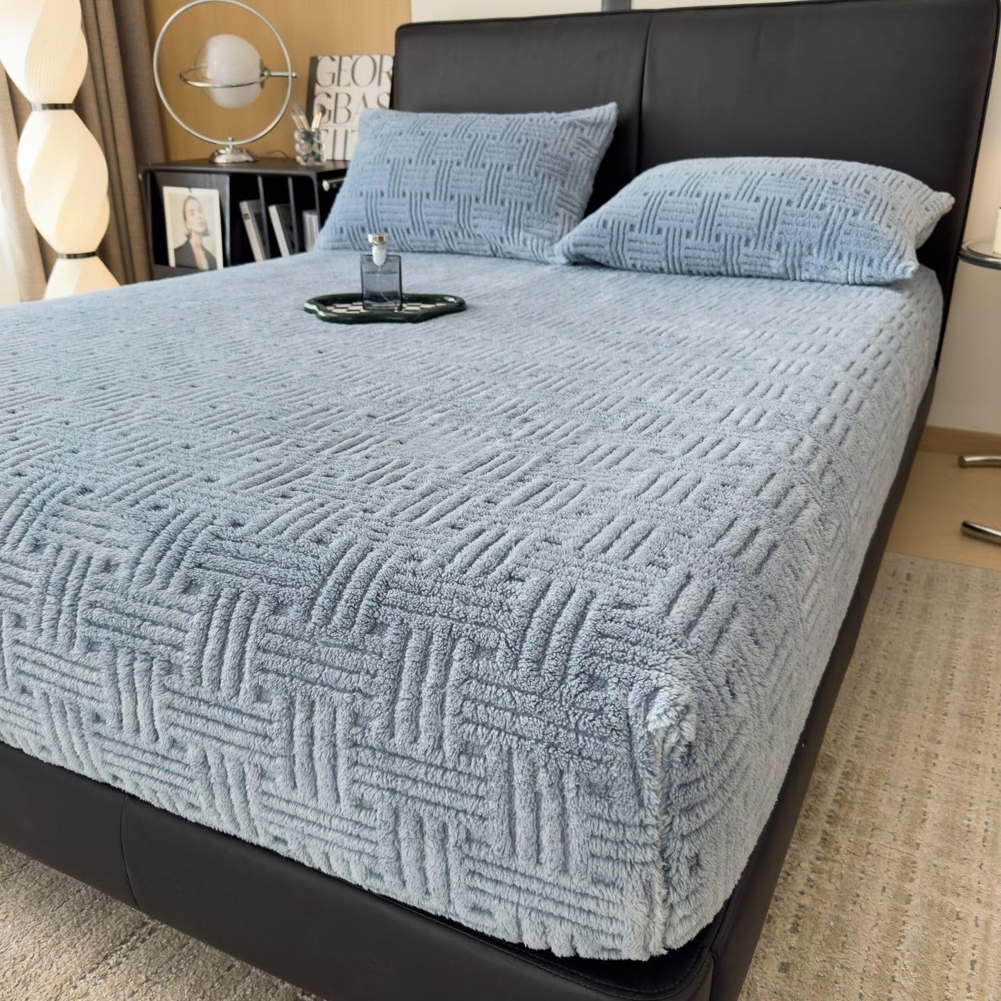 ZIQINPSQ Queen Size Flannel Fitted Sheet - 1 Piece Winter Warm Deep Pocket (15") Bed Sheet, Shrink & Fade Resistant, Hotel Quality, Light Steel Blue
