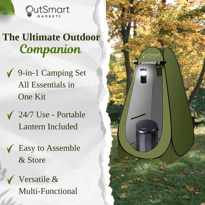 Outsmart Gadgets Portable Toilet Kit for Adults with Camping Night Lantern, Folding XL Toilet Seat, Pop Up Privacy Tent and Carry Bags, Multipurpose Potty, Washable Foldable for RV and Travel
