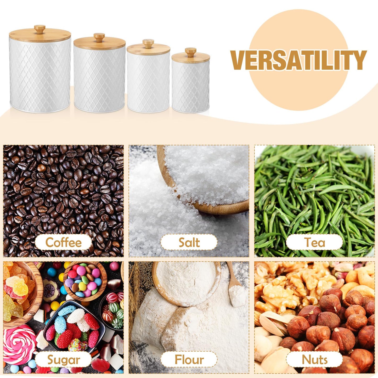 Teenyyou Metal Kitchen Canisters Set with Bamboo Lids and Spoon Airtight High Capacity Coffee Tea Sugar Flour Jars with DIY Labels Farmhouse Extra Large Storage Containers for Kitchen(4 Set,4 Sizes)