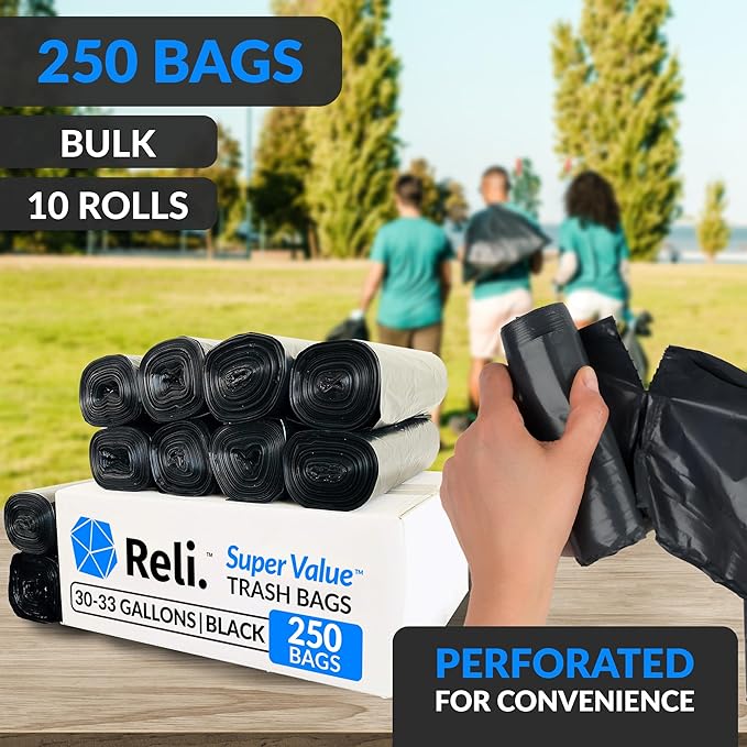Reli. 30-33 Gallon Trash Bags Heavy Duty | 250 Count Bulk | Black Large Trash