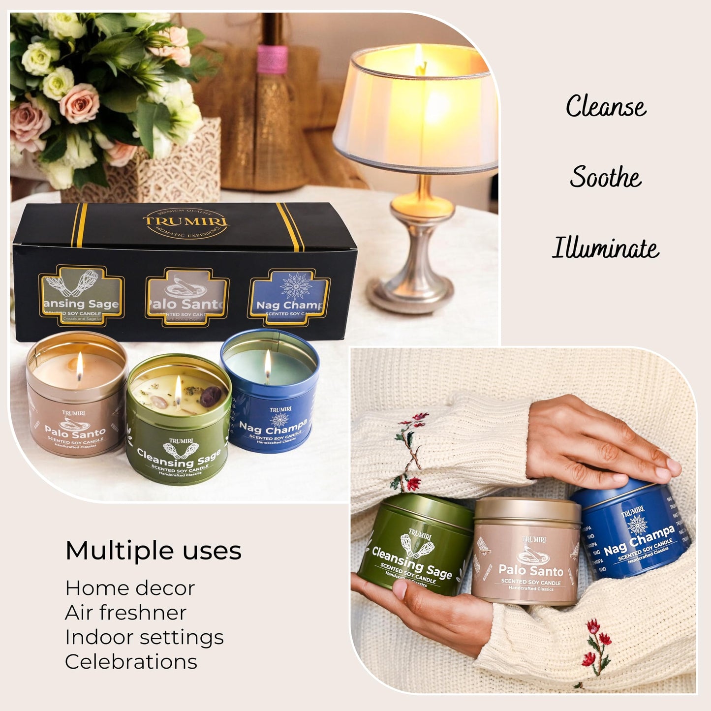 Cleansing Sage, Palo Santo, Nag Champa - Soy Candles Non Toxic - Highly Scented Long Lasting with Essential Oils - Variety Pack of 3 x 5oz - for Home Aromatherapy Meditation Gift Travel