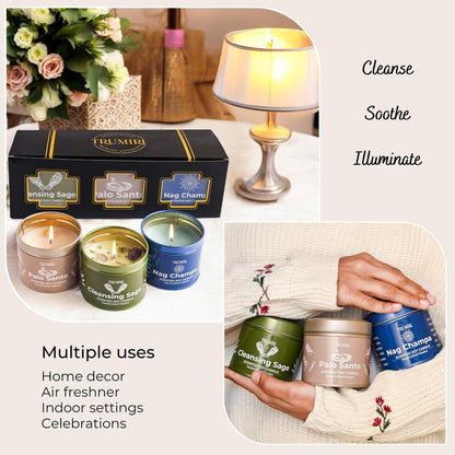 Cleansing Sage, Palo Santo, Nag Champa - Soy Candles Non Toxic - Highly Scented Long Lasting with Essential Oils - Variety Pack of 3 x 5oz - for Home Aromatherapy Meditation Gift Travel