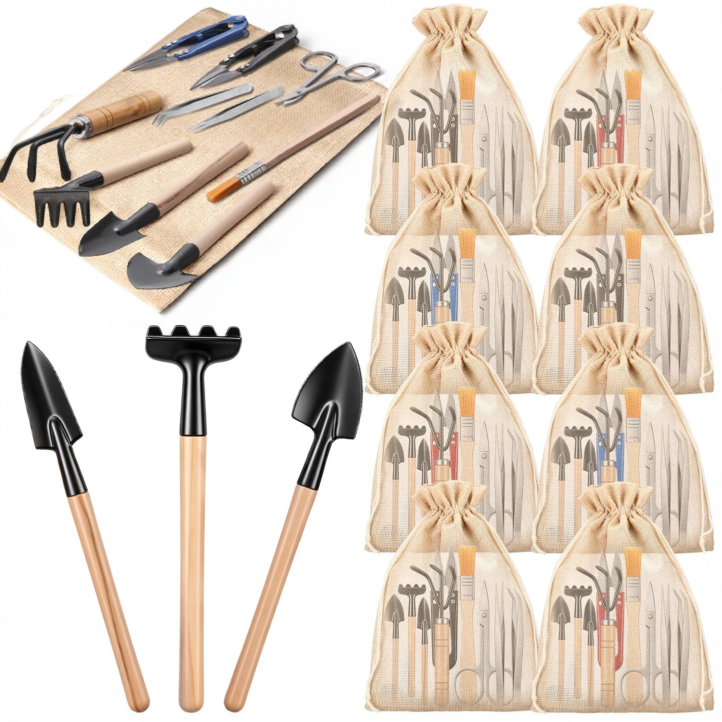 Lanties 8 Sets Kids Mini Gardening Tools with Storage Bags Succulent Potting Planting Kit Indoor with Metal Rake Trowel and Shovel Small Gardening Tools for Cultivating Weeding Transplanting