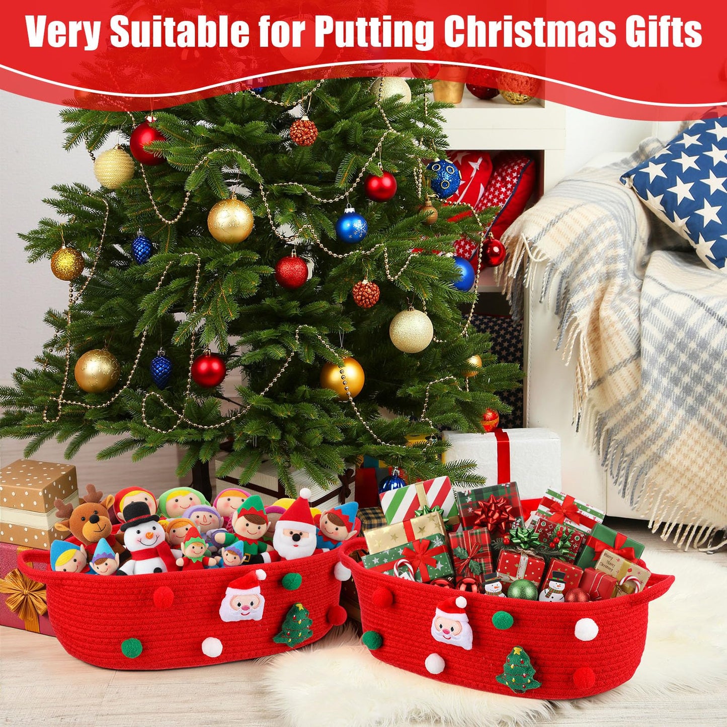 FoldTier 3 Pack Christmas Gift Basket Empty 15 x 9.9 x 5.1 Inch Santa Red Christmas Storage Bin with Handles, Woven Cotton Rope Basket for Gifts Holiday Treats Party Supplies, Home Xmas Decorations