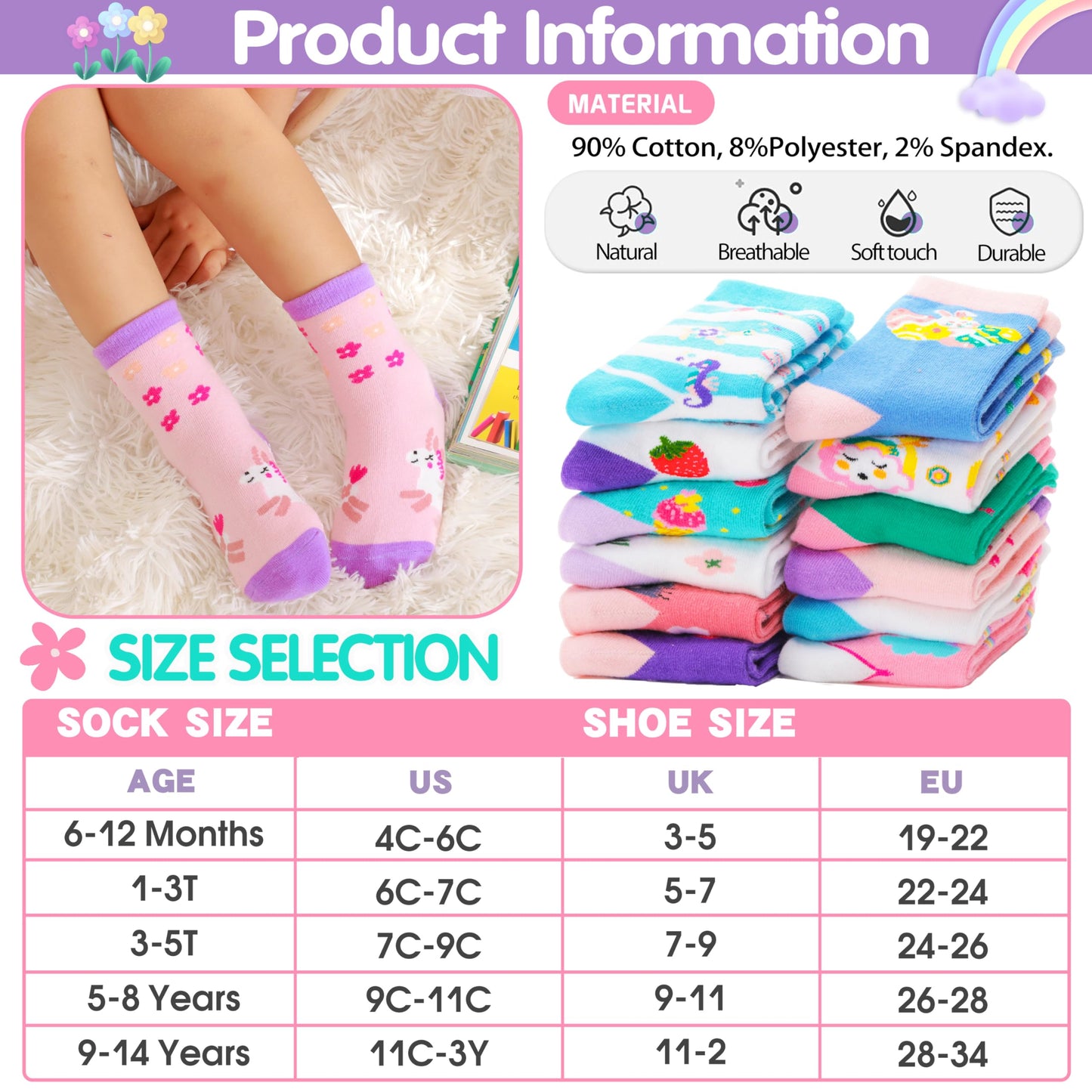 Welwoos Baby Girls Toddlers Grips Socks Non Slip Anti Skid Funny Animal Cartoon Cosy Crew Cotton Gifts Socks 12 Pairs Stocking Fillers(Colorful Flowers,3-5 T)