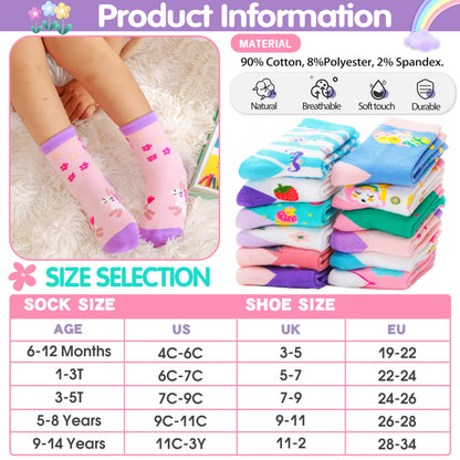 Welwoos Baby Girls Toddlers Grips Socks Non Slip Anti Skid Funny Animal Cartoon Cosy Crew Cotton Gifts Socks 12 Pairs Stocking Fillers(Colorful Flowers,3-5 T)